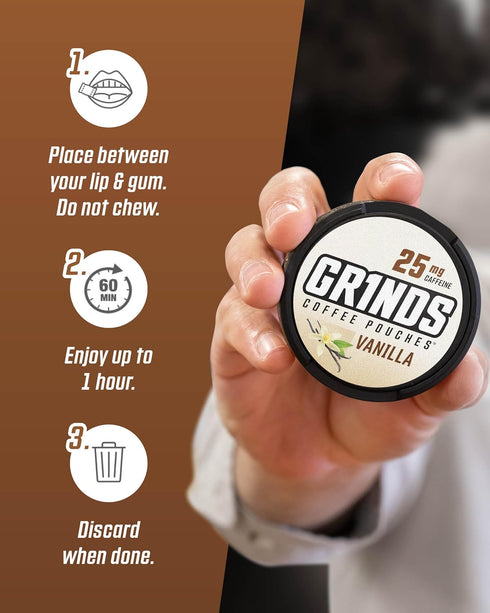 Grinds Coffee Pouches | Tobacco Free, Nicotine Free Healthy Alternative | 3 Cans of Vanilla | 18 Pouches Per Can | 1 Pouch eq. 1/4 Cup of Coffee (...