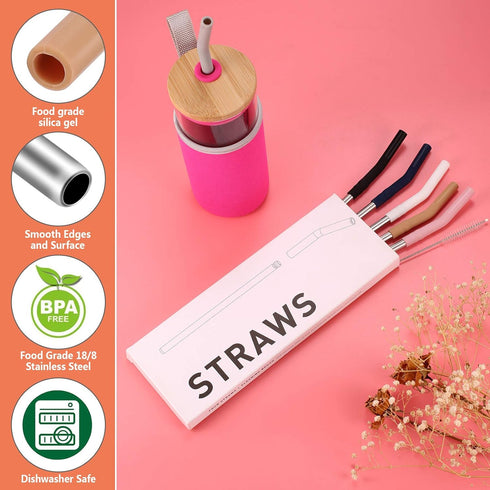 Tronco Set of 6 Stainless Steel Reusable Metal Straws with Silicone Flex Tips Elbows Cover, Metal Drinking Straws for Tronco Tumbler, 6 Steel Stra...