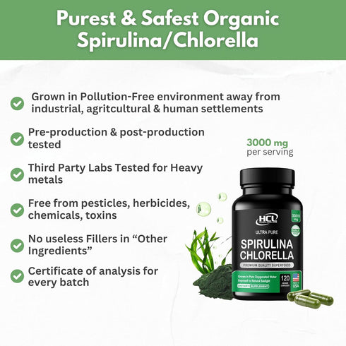 Chlorella Spirulina Powder Capsules Organic 3000 mg of BMAA Free Purest Blue Green Algae - Best Natural Detox Raw Vegan Vitamins Protein Green Sup...