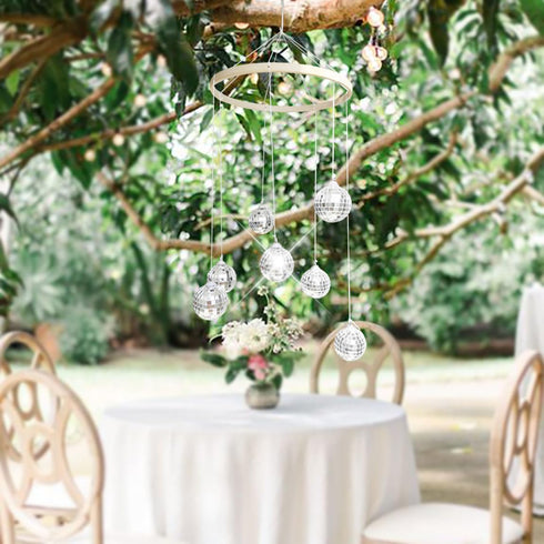 Dazzling Disco Ball Mobile, Spiral Spinner Ball, 7.8 Inch Nature Bamboo Circle, Indoor Outdoor Yard Garden Patio Home Decoration for Party Activit...