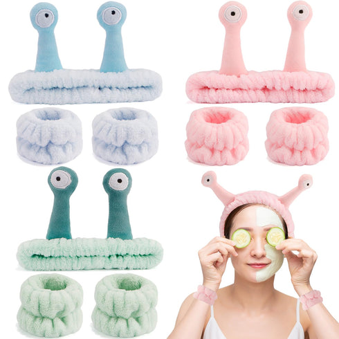 9 Pcs Skincare Headbands Snail Spa Headband and Wristband Set Alien Headband Pink Face Wash Wristbands Cute Makeup Headband Hair Band for Washing ...