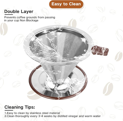 Pour Over Coffee Dripper?Reusable Stainless Steel Drip Cone Coffee Filter, Update Double Ultra Fine Micro Mesh Filter, Professional Paperless Drip...