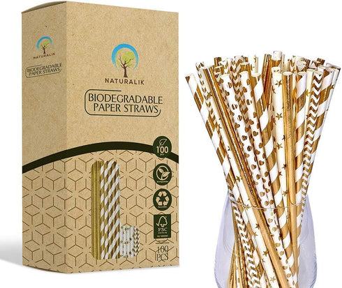 100-Pack Biodegradable Gold Paper Straws - Extra Durable, Striped/Wave/Heart/Star/Solid Gold Straws for Birthday, Wedding, Bridal/Baby Shower and ...