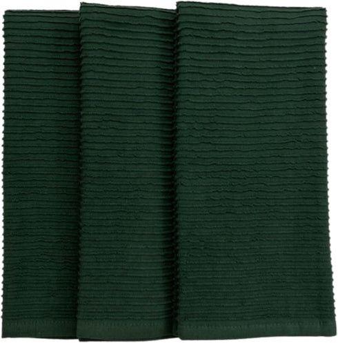 Dark Green Kitchen Hand Dish Towels: 100% Cotton Cloth Soft Cleaning Drying Absorbent Ribbed Terry Loop, Set of 3 Multipurpose for Everyday Use Ov...