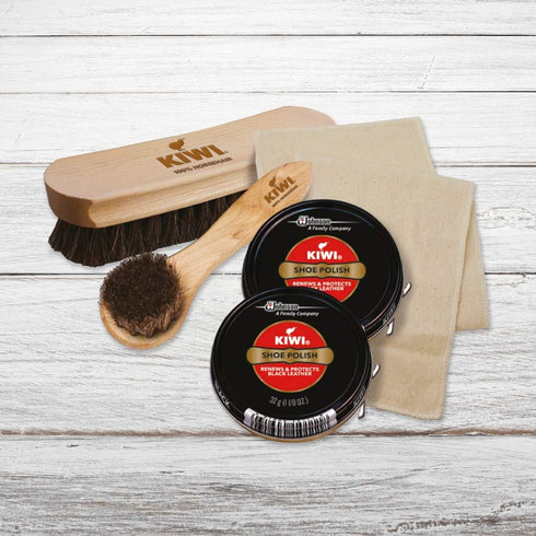 KIWI Shoe Shine Kit, Black - Gives Shoes Long-Lasting Shine and Protection (2 Tins, 1 Brush, 1 Dauber and 1 Cloth)...