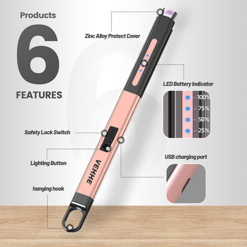 VEHHE Candle Lighter, Electric Lighter Rechargeable with Safety Lock and LED Battery Display, USB Long Lighter for Candle, Windproof & Flameless A...