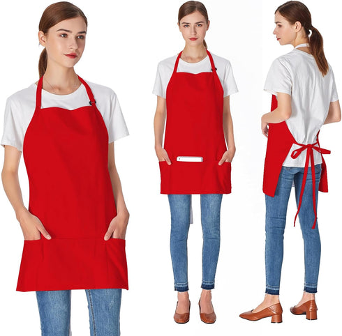 2 Pack 3 Pockets 100% Cotton Adjustable Bib Apron Chef Kitchen Cooking Aprons for Women Men, Red...