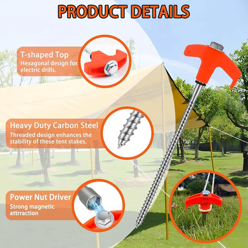 4 Pack 8" Screw in Tent Stakes Heavy Duty Ground Anchors, Tent Pegs Metal Tent Spikes Camping Tent Stakes with Hex Head Driver & Nail Extractor fo...