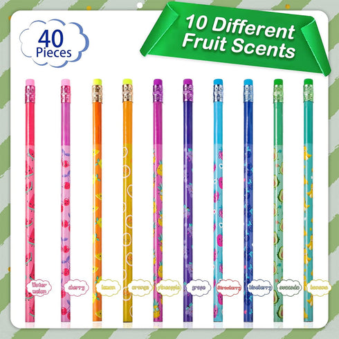 Outus 40 Pieces Scented Pencils with Eraser HB Pencils Graphite Pencil Cylinder Wood Pencils with Fruit Elements School Stationery Party Reward Su...