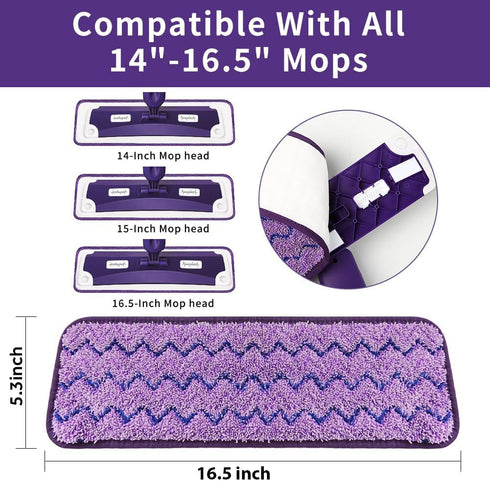 16.5 inch Microfiber Replacement Mop Pads Reusable - 3 Pack Flat Replacement Heads for Wet Or Dry Floor Cleaning Stripe Purple Pads...