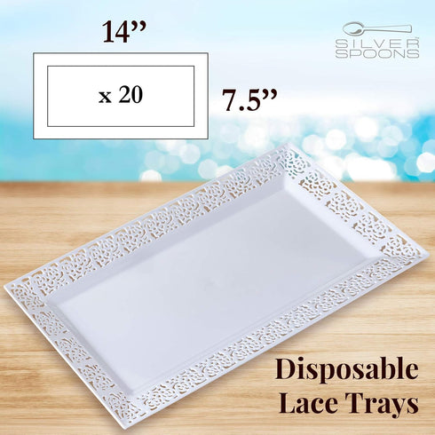 Silver Spoons DISPOSABLE LACE TRAYS | for Upscale Wedding and Dining | 6 pc | White | 14” x 7.5” -...