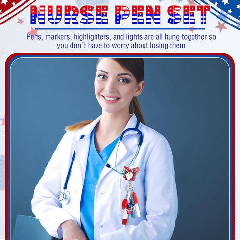6 Pcs Nurse Pen Set Include 4th of July Gnome Retractable Nurse Badge Reel Highlighter Permanent Marker Retractable Ball Pen LED Flashlight Keycha...