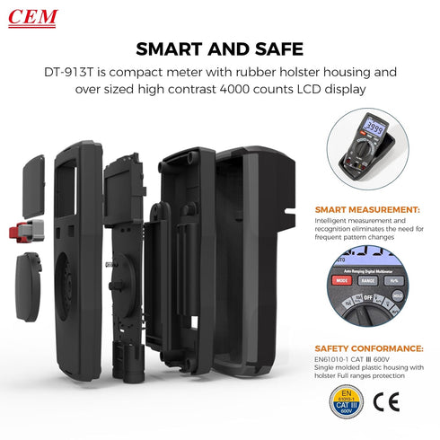 CEM DT-913T Digital Multimeter TRMS 4000 Counts Voltmeter Auto-Ranging Fast Accurately Measures LCD display Voltage Current Amp Resistance Diodes ...
