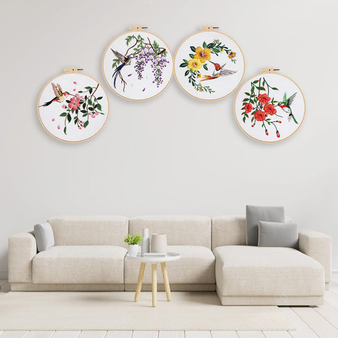 Embroidery Kit for Beginners with Hummingbird Pattern and Instructions,4 Pack Cross Stitch Kits,2 Wooden Embroidery Hoops,Threads and Needles,Need...