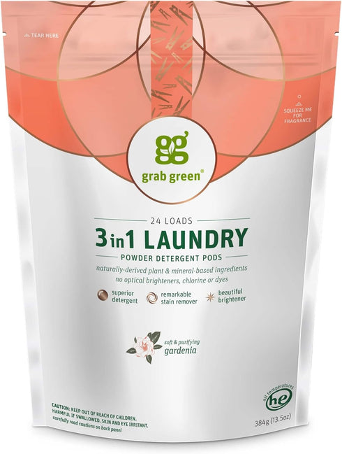 Grab Green 3-in-1 Laundry Detergent Pods, 24 Count, Gardenia Scent, Plant and Mineral Based, Superior Cleaning Power, Stain Remover, Brightens Clo...