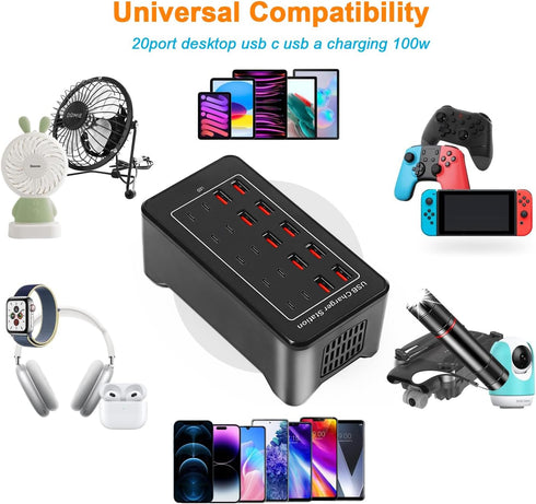 USB C Charger Block 100W USB C Charging Station, 20Port (20A) Multiple Charging Hub Desktop 10 Port USB Charger Compatible for Apple iPhone, iPad,...