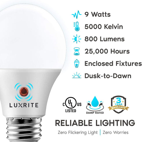 LUXRITE A19 LED Dusk to Dawn Light Bulbs Outdoor Lighting, 60 Watt Equivalent, Enclosed Fixture Rated, Automatic On Off Sensor, 5000K Bright White...