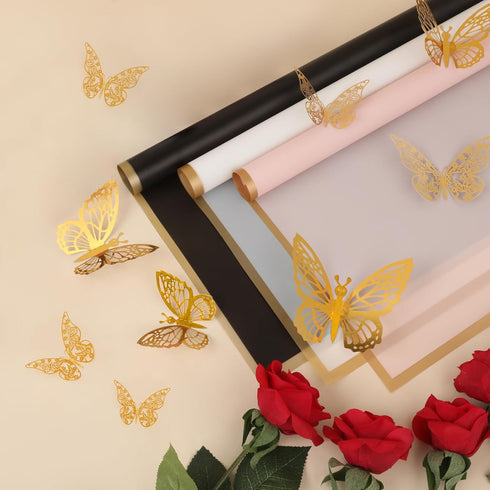 24 Sheets Flower Wrapping Paper - Waterproof Floral Bouquet Wrapping Paper, Florist Supplies with 3D Gold Butterfly Decor for Wedding DIY Craft Bi...
