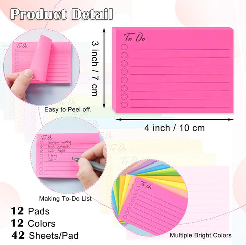 (12 Pack) to Do List Sticky Notes, 3x4 in Post, 504 Sheets to Do lined Sticky Notes, 12 Colors to Do List Notepad, to Do List Planner, Daily to Do...