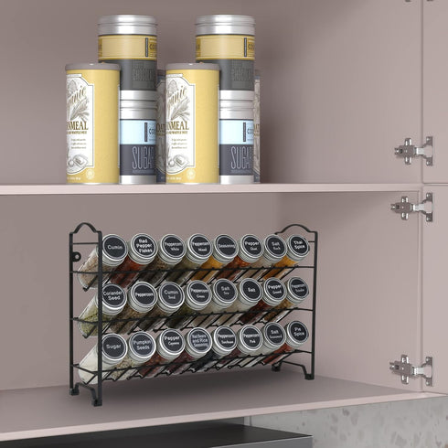 SWOMMOLY 3 Tier Spice Rack Organizer with 24 Empty Round Spice Jars, 396 Spice Labels, Funnel and Chalk Marker Complete Set, Black...