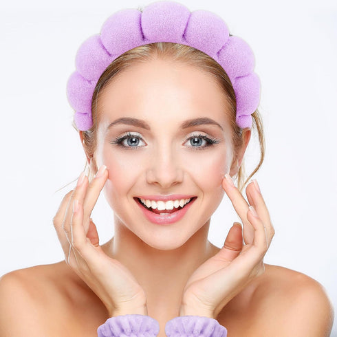 YISSION Purple Spa Headband & Wristband Set Puffy Skincare Headband & Wrist Bands for Washing Face Makeup Powder Puff Large Hair Claw Clips Sponge...