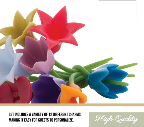 Trudeau Duo Tone Floral Wine Charms, Multicolor, Set of 12...