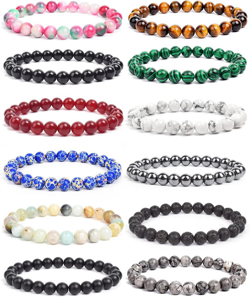 BOMAIL 12Pcs Natural Semi-Precious Gemstones Bracelets -8mm Round Beaded Bracelets for Men Women Reiki Healing Crystals Beads Stretch Bracelet...