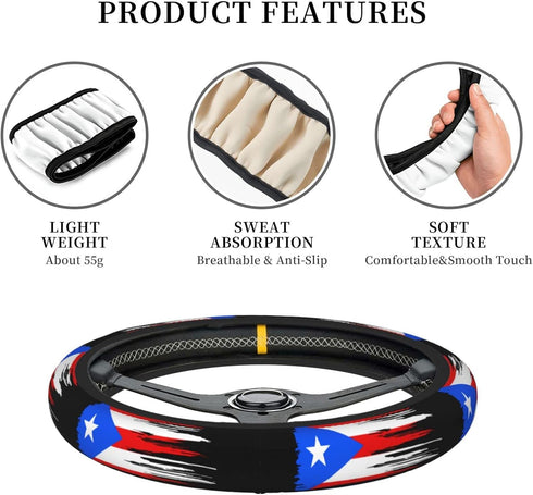 Puerto Rico Flag Steering Wheel Cover for Men Women Anti-Slip Elastic Thickened Steering Wheel Cover Universal Fit 15 Inch...