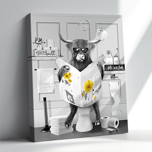 Highland Cow Wall Art For Bathroom 12x16 Inch Funny Cow On Toilet Reading Newspaper Farmhouse Decor Sunflower Animal Bathroom Pictures Morden Hipp...