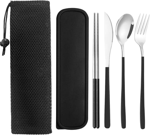 Reusable Utensils with Case, Travel Silverware Set with Case, 18/8 Stainless Steel Flatware Set Include Knife Forks Spoons Chopsticks Portable Cut...