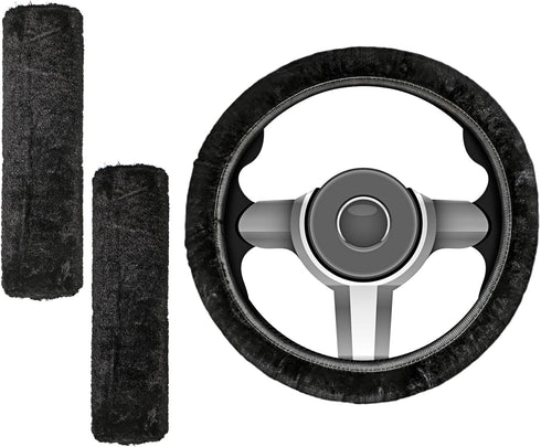 3 Pcs Fluffy Fur Auto Steering Wheel Cover and Seat Belt Cover Set Include Fuzzy Steering Wheel Cover, 2 Seatbelt Shoulder Pad Comfort Anti Slip C...
