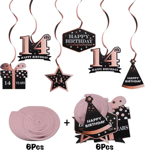 LINGTEER Happy 14th Birthday Decorations - 12 Pcs Birthday Black & Rose Gold Foil Swirls Streamer Set,Cheers to Fourteen Years Old Bday Party Gift...
