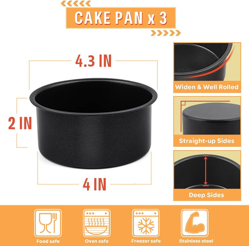 E-far 4 Inch Cake Pan Set of 3, Nonstick Stainless Steel Mini Round Cake Pans Tin, Small Size for Baking Smash Cakes/Cheesecake, Stainless Steel C...