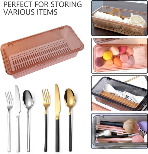 Flatware Tray with Lid,Silverware Tray Kitchen Cutlery Tray and Utensil Storage Container for Flatware and Silverware (Brown)...