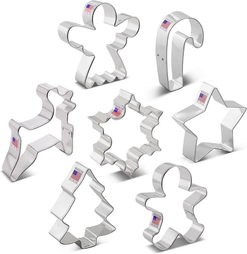 Christmas Cookie Cutters 7-Pc Set Made in USA by Ann Clark, Gingerbread Man, Christmas Tree, Star, Snowflake, Angel...
