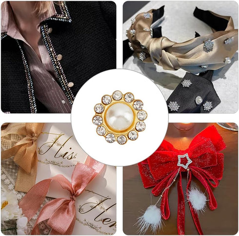 NBEADS 200 Pcs Crystal Pearl Buttons, Flower Claw Cup Rhinestones Gold Flatback Base Shiny Crystals Antique White Flower Faux Pearl Rhinestone Cra...