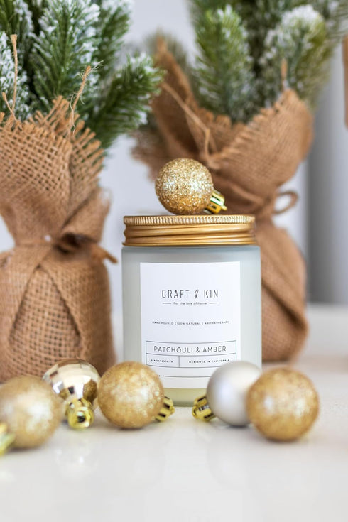 Craft & Kin Patchouli & Amber Scented Candle | 8 Oz 45 Hour Long Lasting | Classic Soy Spring Scented Candles Wood Wick | Made with Natural Soy | ...