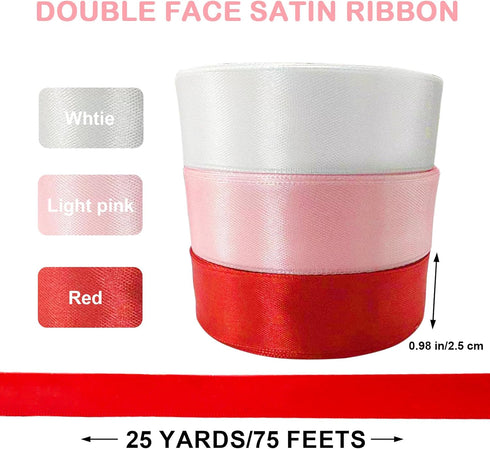 3 Pcs Double Faced Red Pink and White Satin Ribbon,1 inches Continuous 25 Yards,Bouquet Fabric Ribbons, Ribbons for Gift Wrapping, Weddings, Bow M...