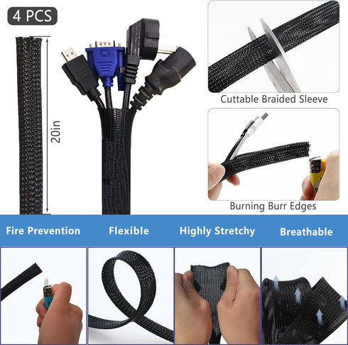 ELII 300PCS Cable Management Kit,4 Cable Sleeve 35 Cable Clips with 11Cord Holders,15+5Roll Cable Organizer Straps and 200 Fastening Cable Ties,20...