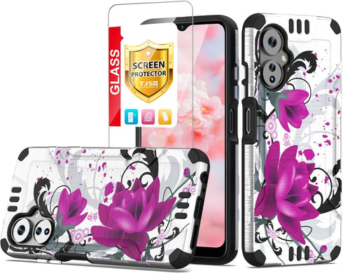 TJS Compatible for Boost Mobile Celero 5G 2024 (3rd Version) Case, Tempered Glass Screen Protector Magnetic Support Hybrid Shockproof Metallic Bru...
