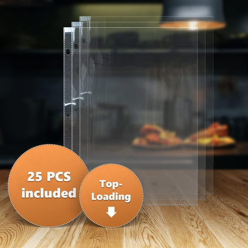 Full Size for 8.5x11'' Pack of 25 Recipe Sheet Protectors for Recipe Binder, Top-Loading Plastic Sleeves, Clear Sheet Protectors for 3 Ring Binder...