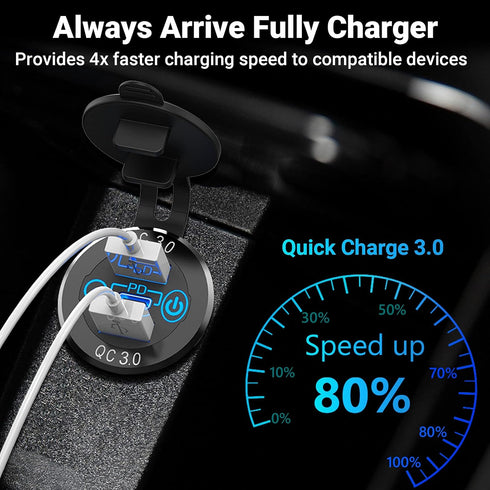56W USB C Car Charger Socket, Ouffun Aluminum Metal 12V/24V Multiple USB Outlet PD 20W USB-C and Dual QC3.0 Ports with Power Switch USB Port 12V S...