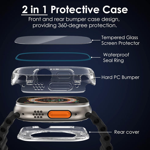 NewWays 2 in 1 Waterproof Case for Apple Watch Ultra 49mm Screen Protector, 360 Protective Glass Face Cover Hard PC Bumper + Back Frame for iWatch...