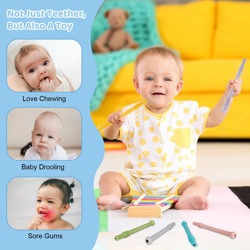Hollow Teether Tubes, 6 Pack Chew Straw Toy for Infant Toddlers Silicone Teething Toys for Babies, 0-6 Months 6-12 Months BPA Free/Freezable/Dishw...