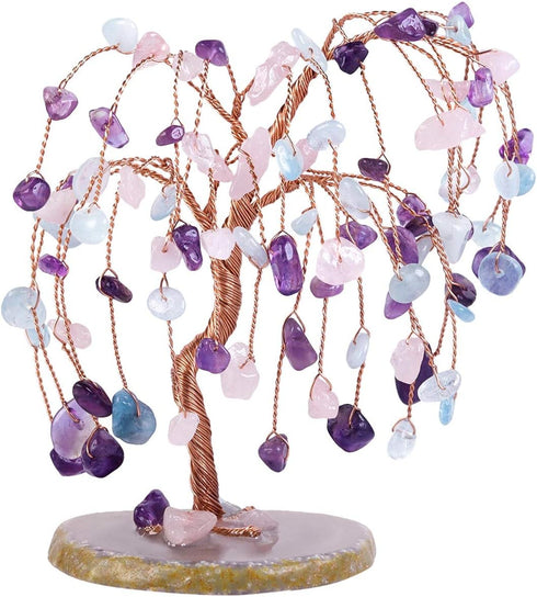 SUNYIK Handmade Amethyst/Rose Quartz/Aquamarine Crystal Money Tree Set on Natural Agate Slice Base, Tree of Life Healing Crystals Chip Stone Bonsa...