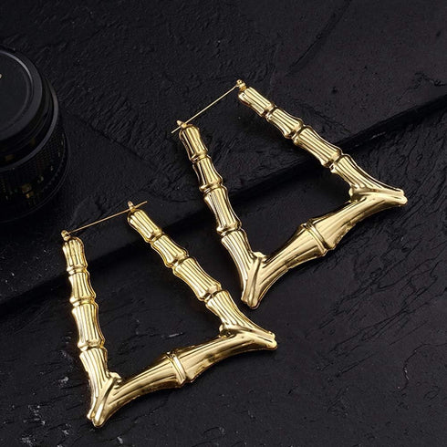 Gold Bamboo Triangle Hollow Hoop Earrings for Women - Big Large Bamboo Hoop Earring (Gold Triangle)...