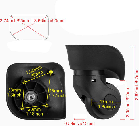 BQLZR Black Luggage Wheels Replacement Plastic Left & Right Swivel Luggage Suitcase Caster Wheels with 4 Holes,Hole Pitch (1.3"/1.54"/1.77"/1.18")...