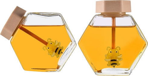 Hexagon Shape Honey Pot Jar with Dipper Heat-Resistant Glass Storage Container Honey Pot Glass Honey Jar with Dipper and Lid Cover for Home Kitche...