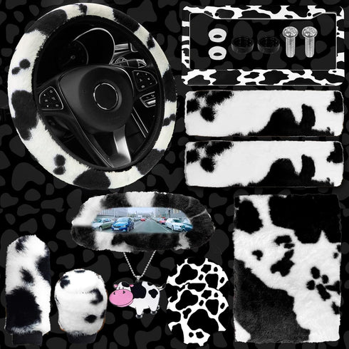 JINGSEN11 Pieces Fluffy Car Accessories Set,Fluffy Cow Print Plush Steering Wheel Covers for Women Soft Fleece Handbrake Cover Shift Cover Car Tri...