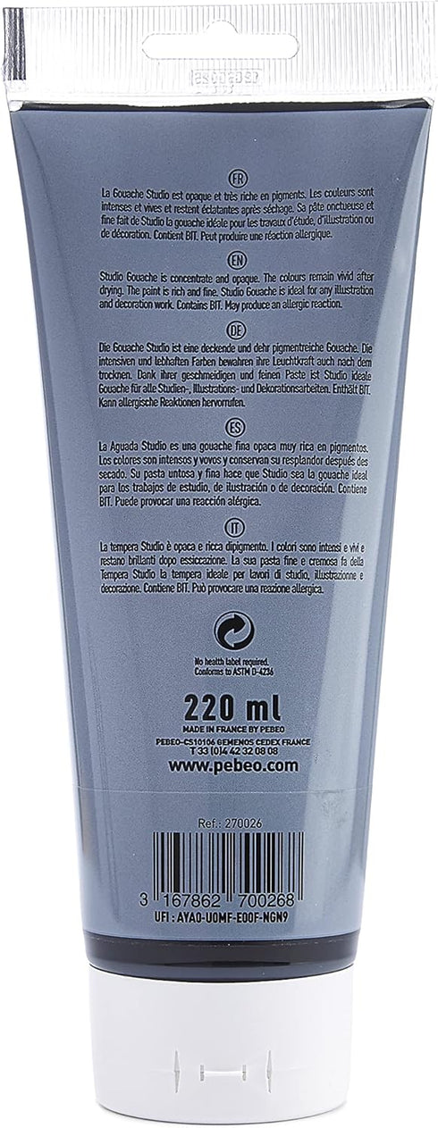 PEBEO Studio Gouache Fluid Paint - 220 ml, Ivory Black, Velvet Matte Formula, for Acrylic Painting and Illustration, Arts and Crafts Supplies (270...